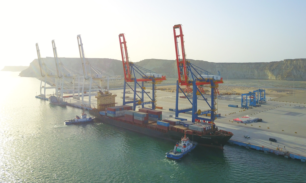 A container ship docks at the Gwadar port in Pakistan. Photo: Xinhua